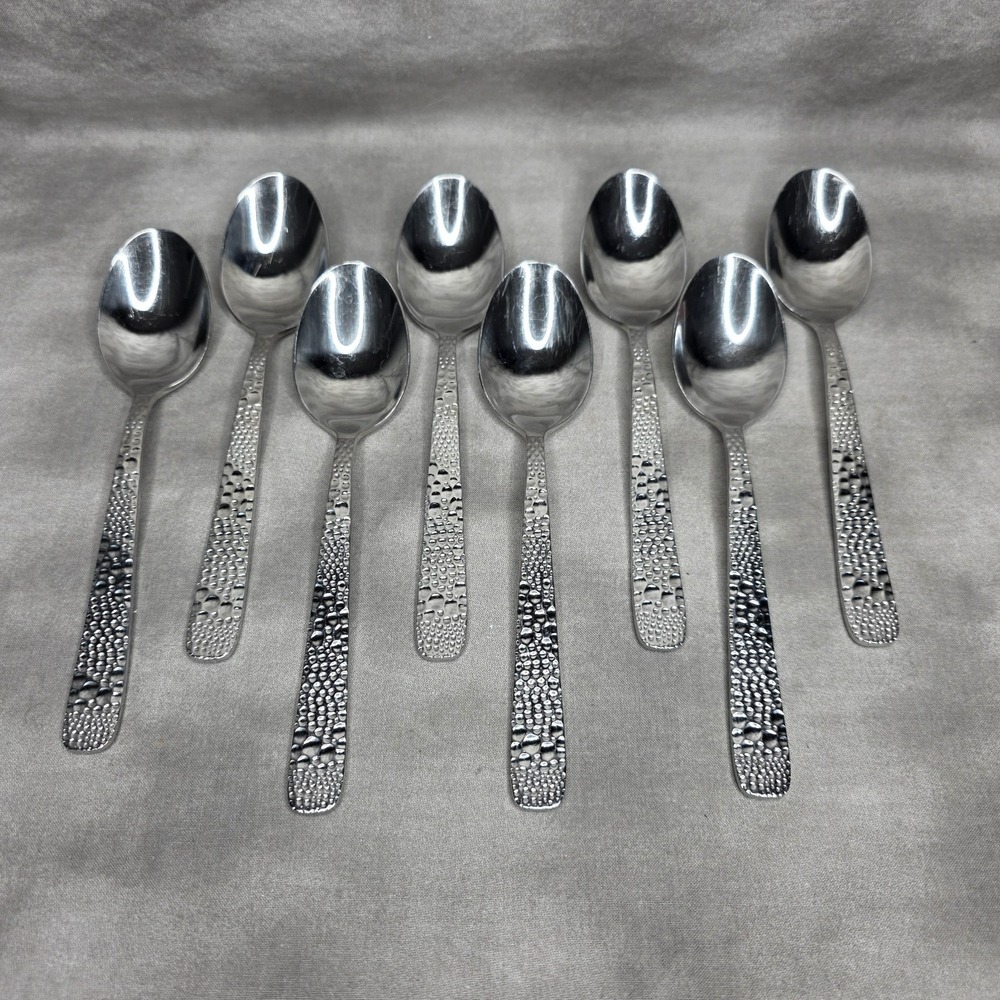 (X8) Hammered Silver Tone Dinner Spoons 7 3/8" Unmarked Flatware Replacements